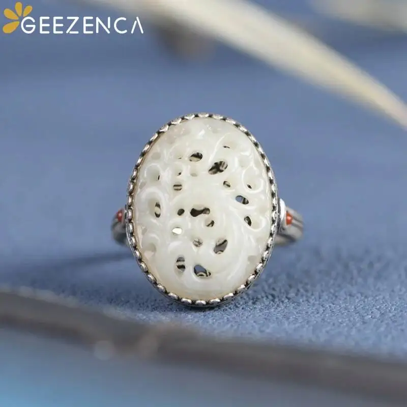 GEEZENCA 925 Sterling Silver Carved Jade Sizable Ring For Women Luxury Handmade Unusual Peony Flower Locket Openable Rings Gift