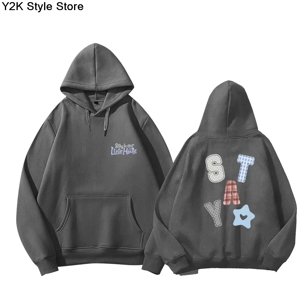 Hoodies STAY In Our Little House com Zíper, Moletom Kpop Fashion Star com Estampa de Letras, Camiseta de Algodão Grossa de Alta Qualidade