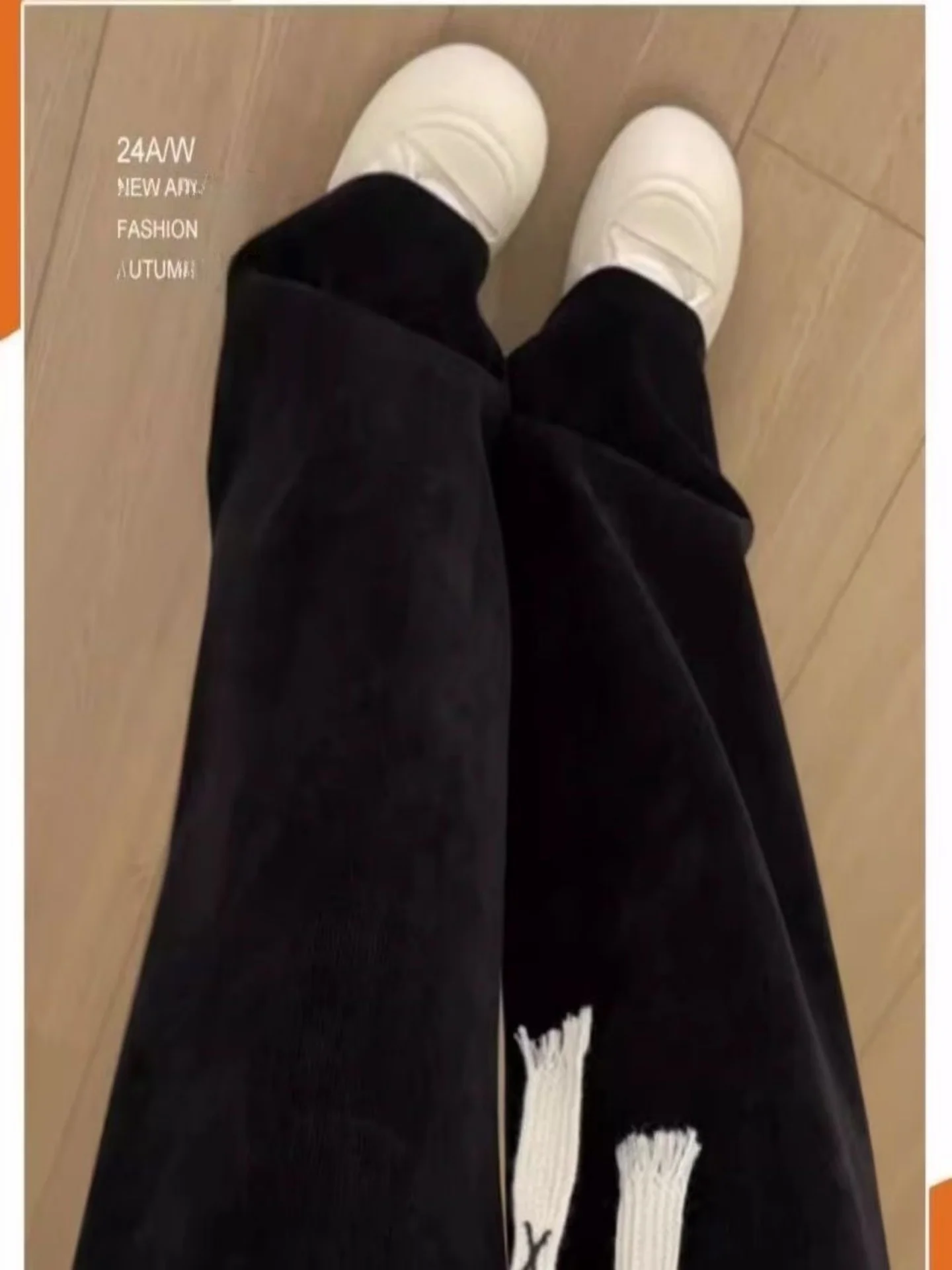 

Black High Waist Corduroy Wide Leg Pants Autumn Winter Outerwear Casual Thickened Loose Straight Cut Trousers for Women