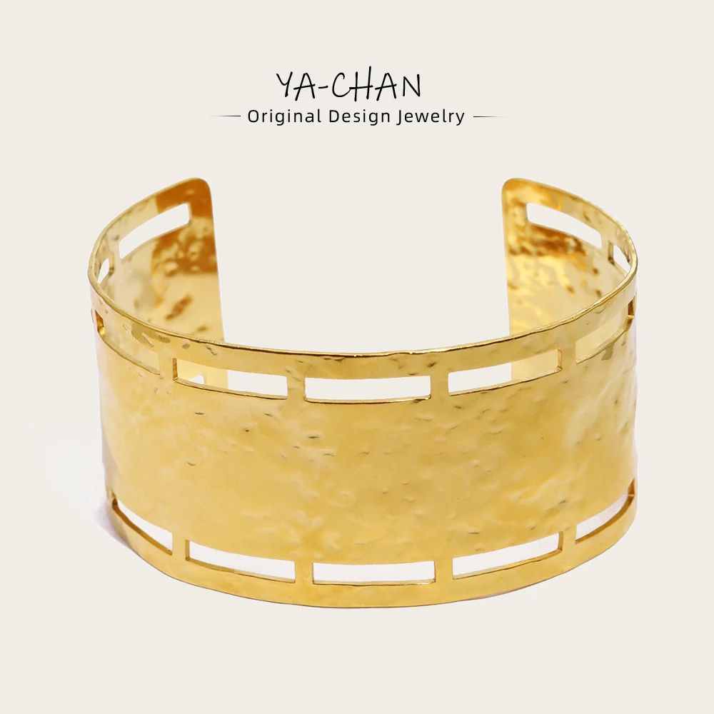 YACHAN 18K Gold Plated Stainless Steel Cuff Bracelet for Women Irregular Hammered Texture Trendy Statement Jewelry