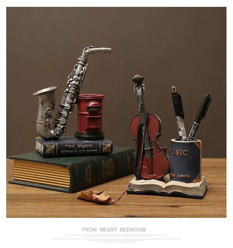 Creative Retro Resin Craft Gift Decoration Saxophone Violin Storage Pen Holder and Pen Refill Office Decoration