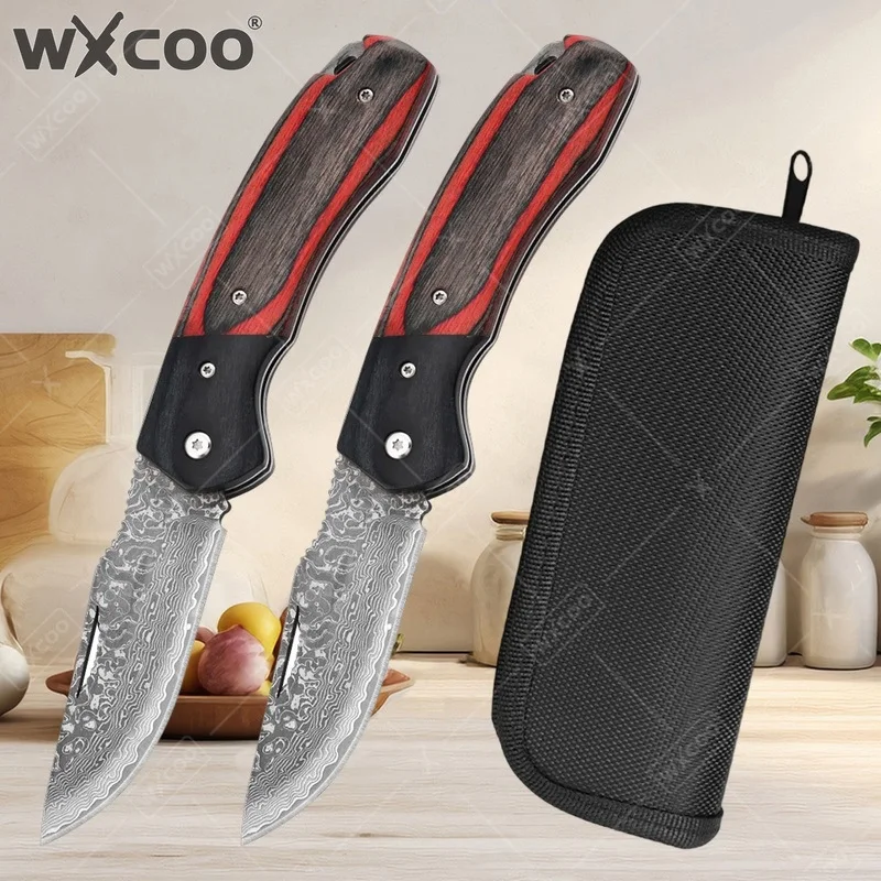 WXCOO Kitchen Knives Tool Damascus Utility Slicing Meat Fruit Barbecue Boning Knife Folding Knife Wood Handle Chef Cooking Knife