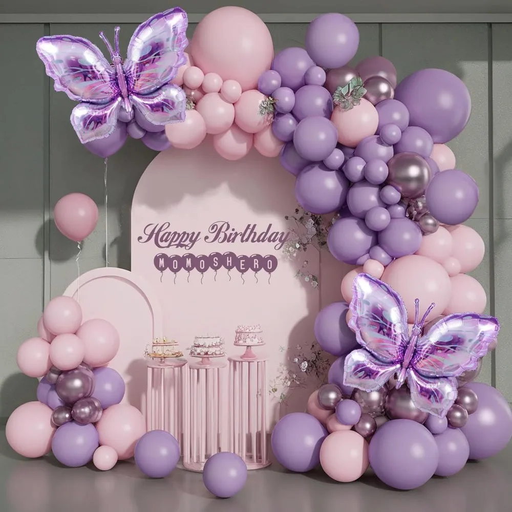 126PCS Fioletowy balon z motywem motyla Zestaw girlandy na przyjęcie weselne Prysznic dla nowożeńców Rocznica Impreza urodzinowa na żywo Dekoracje