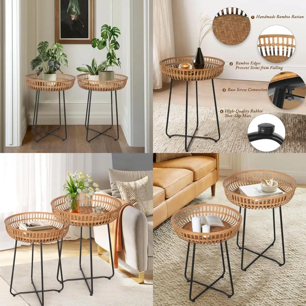 طاولات قهوة متداخلة من الخيزران بأرجل معدنية، مجموعة من 2 لمساحات المعيشة على الطراز البوهيمي والشرفات الخارجية