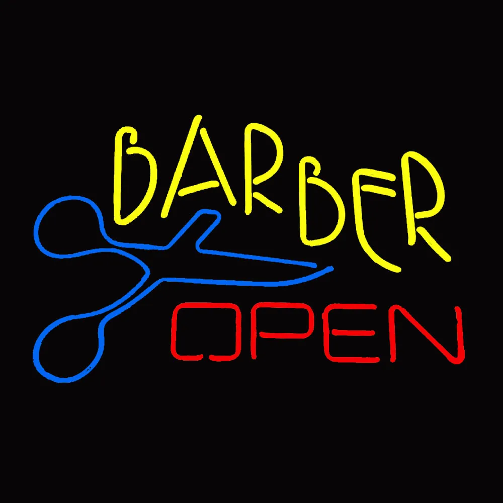 BARBER OPEN Scissors Shears Neon Sign Light Custom Handmade Real Glass Tube Store Advertise Room Decoration Display Lamp 19“X12