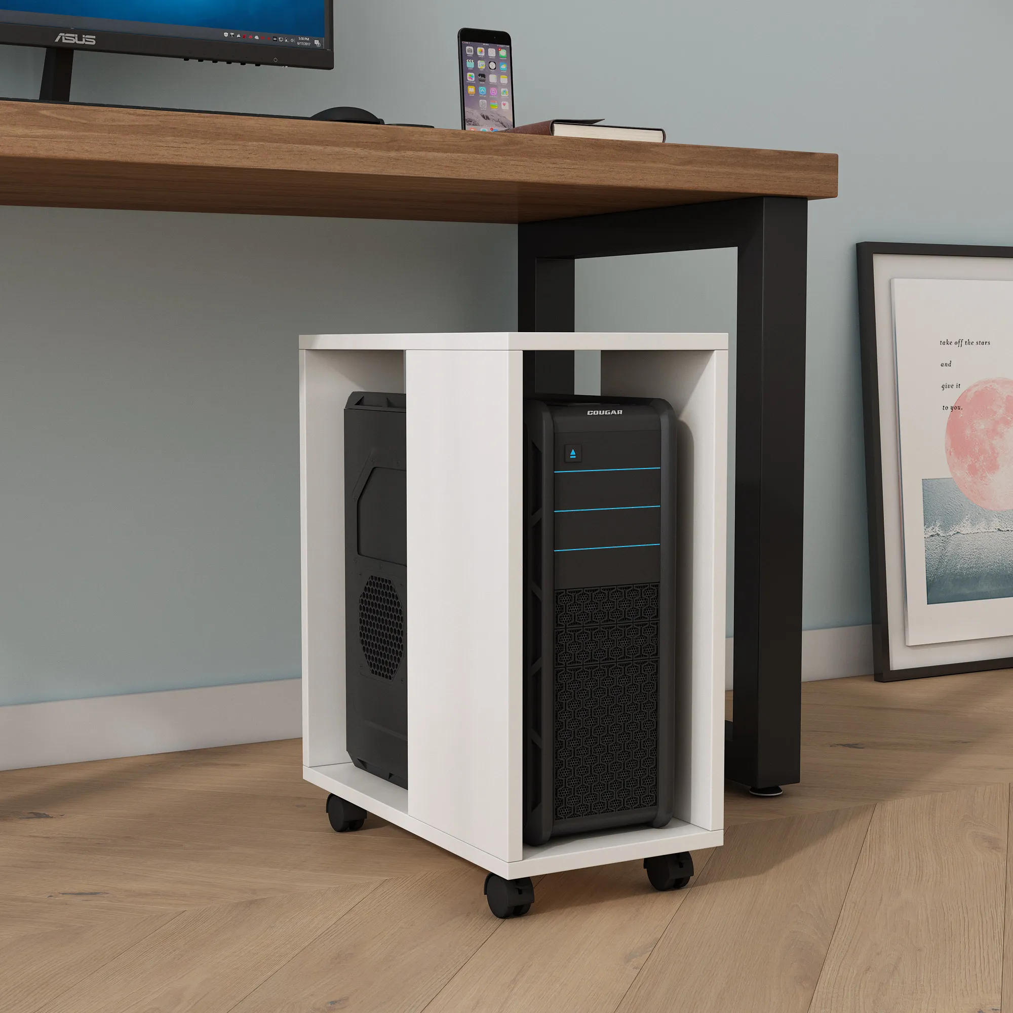 Removable desktop computer host brackets, trays, chassis, trailers, placement cabinets, cabinets, storage shelves, flower racks