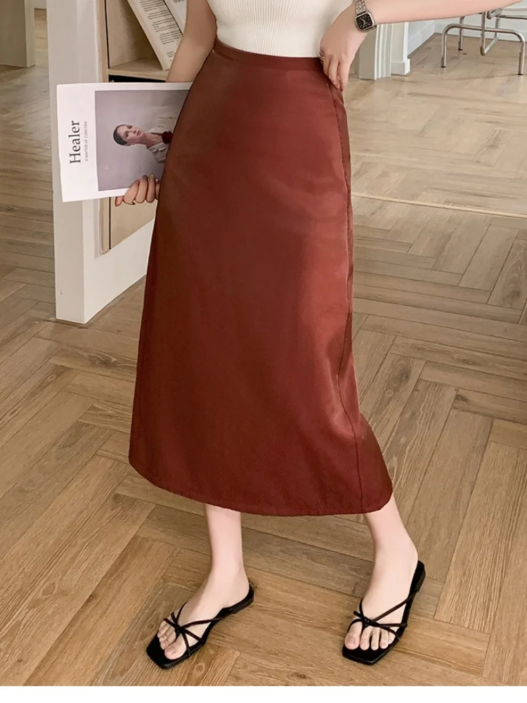 

SMTHMA High Waist Mid Length Satin Acetate Silk Skirt For Women New Spring/Summer 2025 A-line Straight Solid Skirt