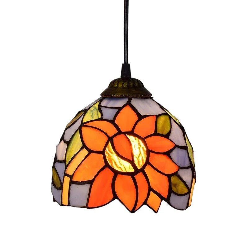 

Stained glass retro restaurant bar chandelier blue background sunflower pastoral aisle lamp