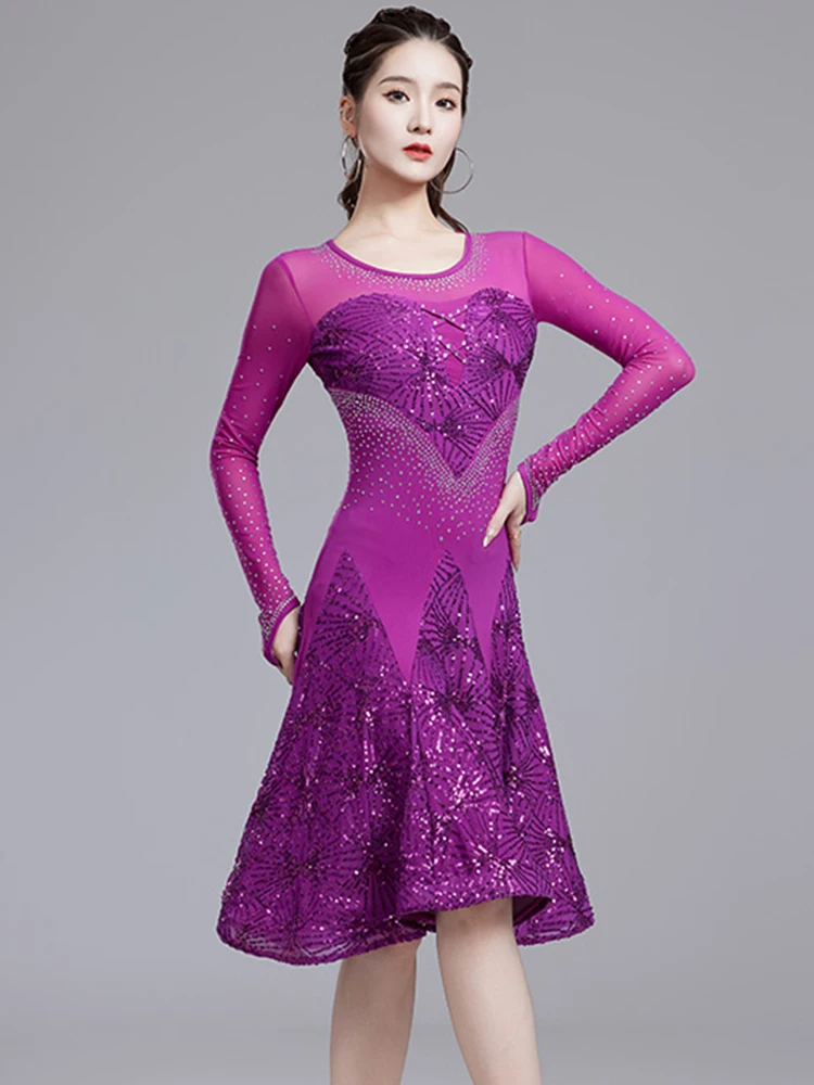 Robes de danse latine pour femmes, ligne a, pour filles, Salsa Samba, robe à bretelles en maille, strass, compétition de groupe, Costume à paillettes avec collier