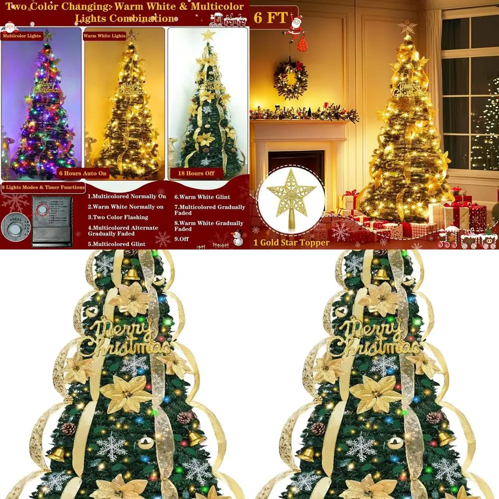 

Попередняя световая двухцветная рождественская елка с 80 украшениями, 200 лампочками, таймером, 8 режимами, складная для праздничного декора