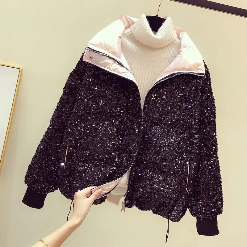 Luxury Crystal Sequins Thickened Down Cotton Coat  Ladies Fashion Loose Bread Jacket White Casual Winter Warm Coat Parkas Women