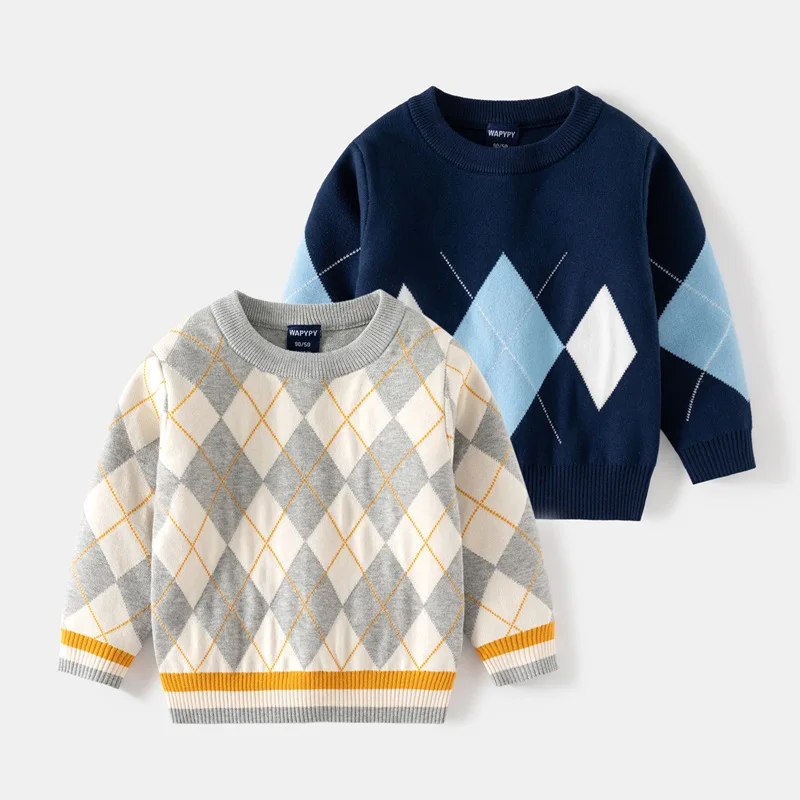 

Children's Sweater 2024 Autumn/winter New Boys' Diamond Pattern Sweater Baby Hoodie Thickened Sweater