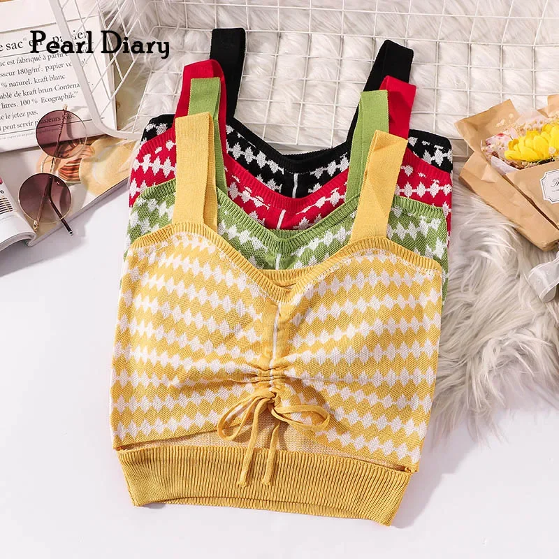 Liba Sin Women Knitting Plaid Crop Tops Ruched Front Drawstring Cut Out Knitted Diamond Pattern Cute Tops Sweetheart Neckline