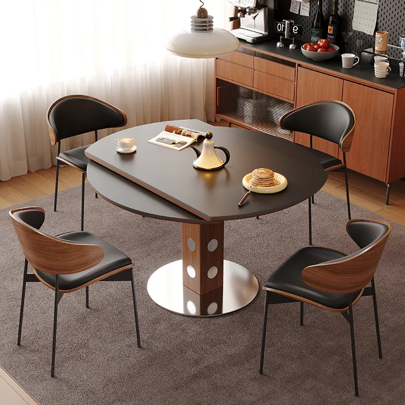 Medieval style Bauhaus style black slate dining table telescopic round  dining for home small apartment dining