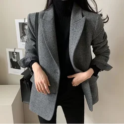 Blazer di lana da donna autunno retrò Casual con spalline corte che pendolarismo cappotto in vita tinta unita in stile britannico