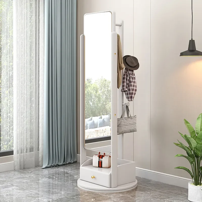 For Full Body Floor Mirror with Solid Wood Hanger Explosion Proof Rotatable Coat Rack for Bedroom Living Room Simple Design