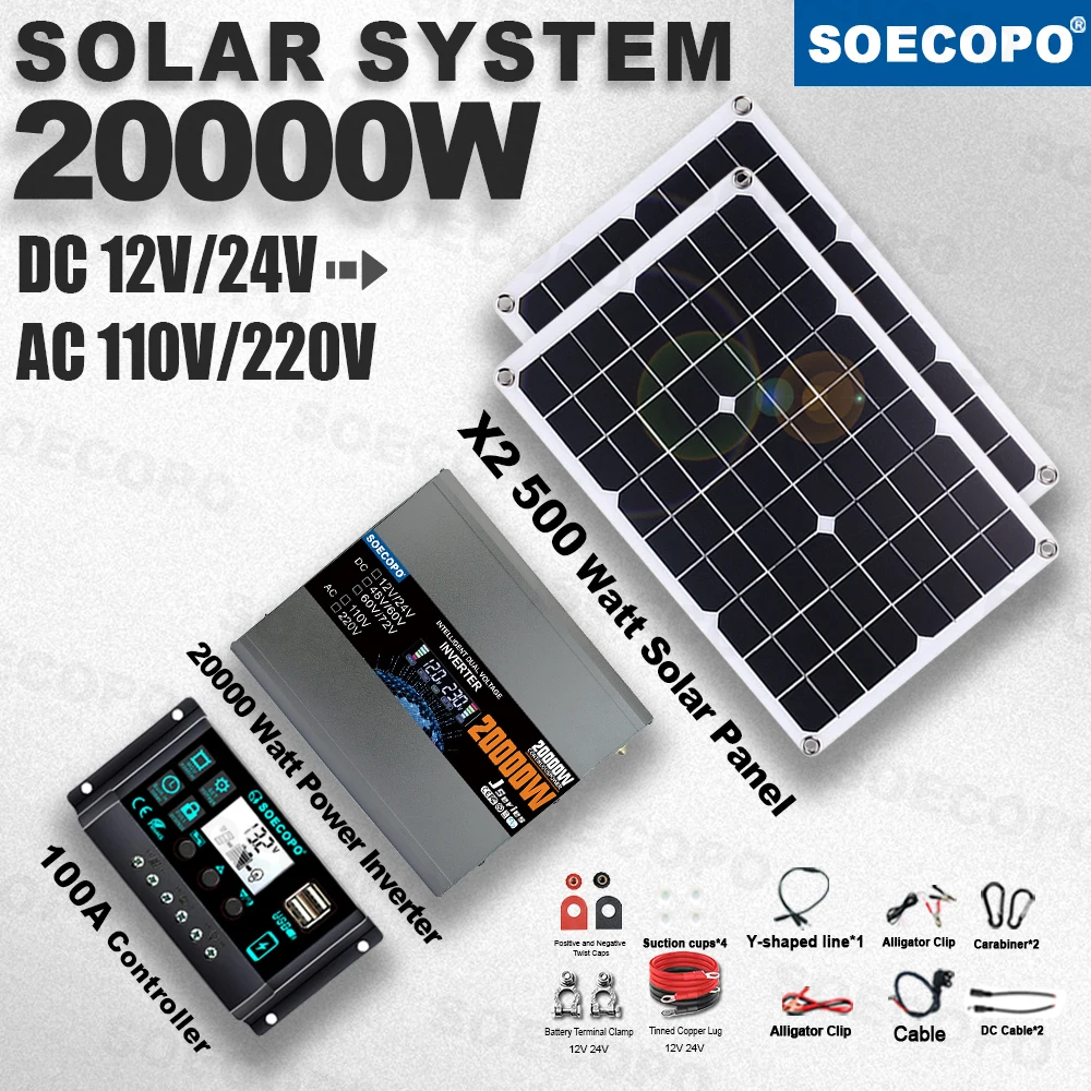 

SOECOPO Portable 20000W High-Power Solar System 100A Inverter 2×500W Panel for Home Sensitive Electronics,Boat & Remote Area Use