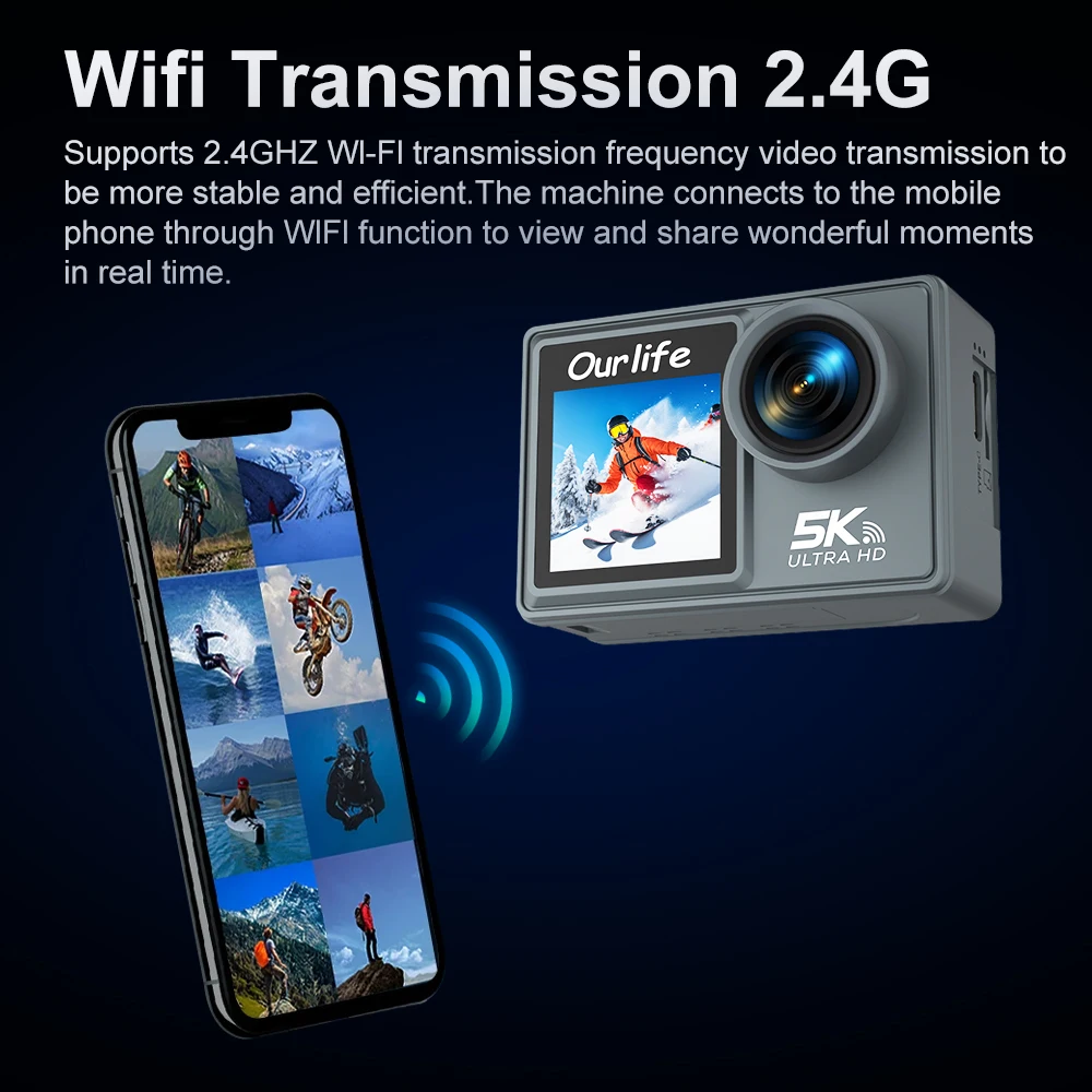 Ourlife MTR40 액션 카메라 5K30FPS 2.0인치 IPS 터치스크린 WiFi 170 ° 30M 방수 5배 줌 전문 헬멧 스포츠 카메라