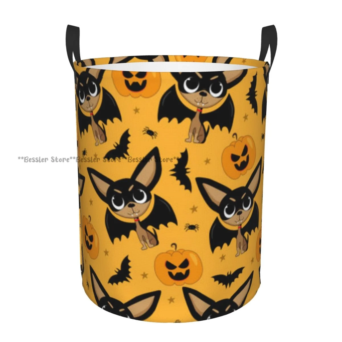 Laundry Basket Vampire Dog With Bat Wings Spider Halloween Round Storage Bin Collapsible Hamper Clothes Bucket Organizer