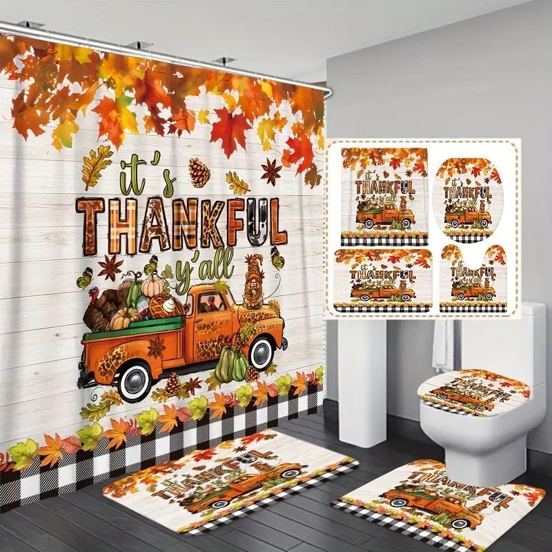 Festive Fall Bath Set: Thanksgiving Themed Shower Curtain, Toilet Seat Cover, and Rugs - Includes 12 Free Hooks