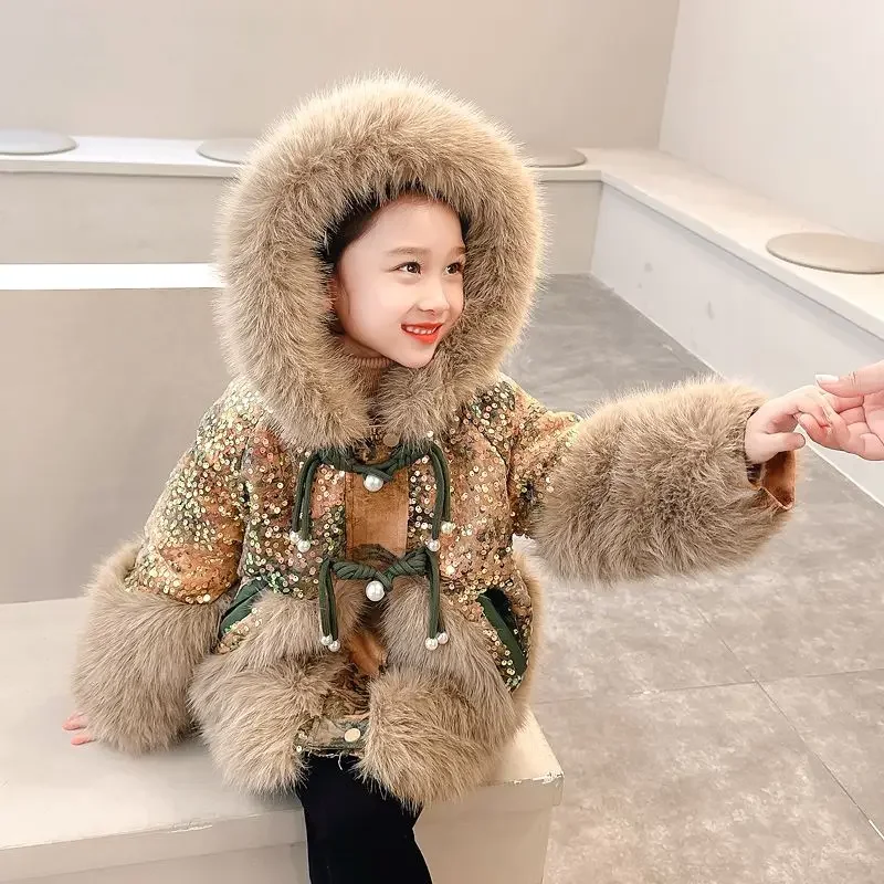 Winter Warm Jackets New Year Cotton Coats Cute Girls Jackets Baby Plus Velvet Thick Kids Hooded Outerwear Children Shiny Coat