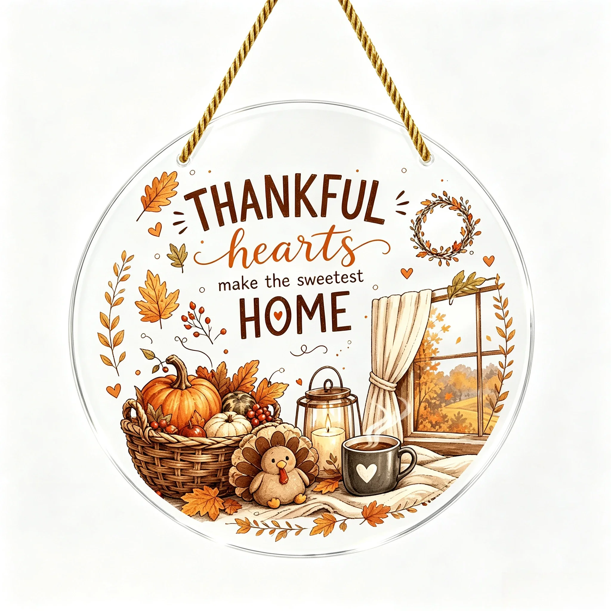 Turkey Pumpkin Harvest Basket Door Hanger, Thanksgiving Porch Wall Plaque