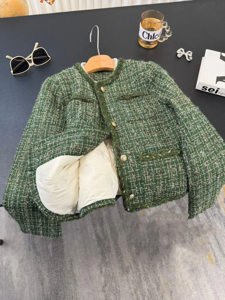 سترة كلاسيكية للسيدات للمكتب بأكمام طويلة للشتاء سميكة ودافئة من الصوف معطف واحد الصدر أنيق للنساء ملابس خارجية قصيرة