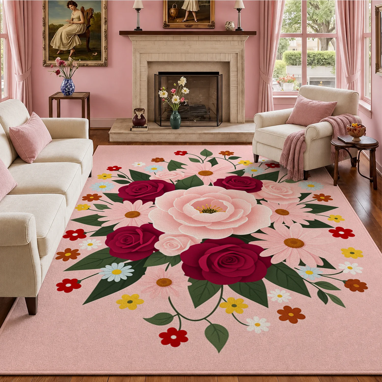 Vibrant Floral Rose Daisy Bouquet Velvet Area Rug, Machine Washable, Soft Plush, Stays Securely in Place, Ideal for Living Room, Bedroom, Dining Room, Perfect for Halloween, Thanksgiving, Christmas, New Year Home Decor