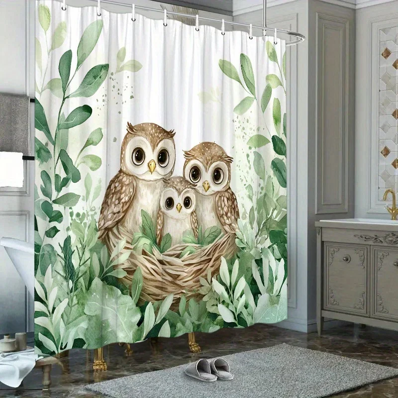 

~O~ 1 шт. Занавеска для душа из полиэстера — дизайн «3 мудрые совы», 70,8x70,8 дюйма, моющаяся с 12 крючками, пишная зелень и тема веточек
