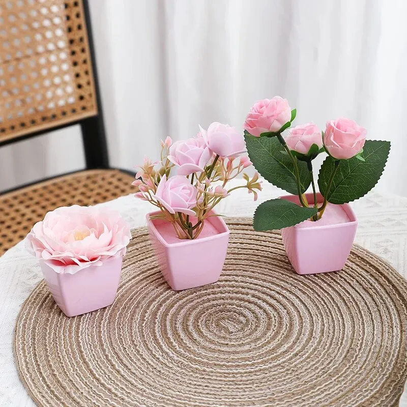 3PCS Simulated Flower Rose Potted Plant, Used Year-Round For Home, Bedroom, Study, Office, Desktop Shelf Decoration