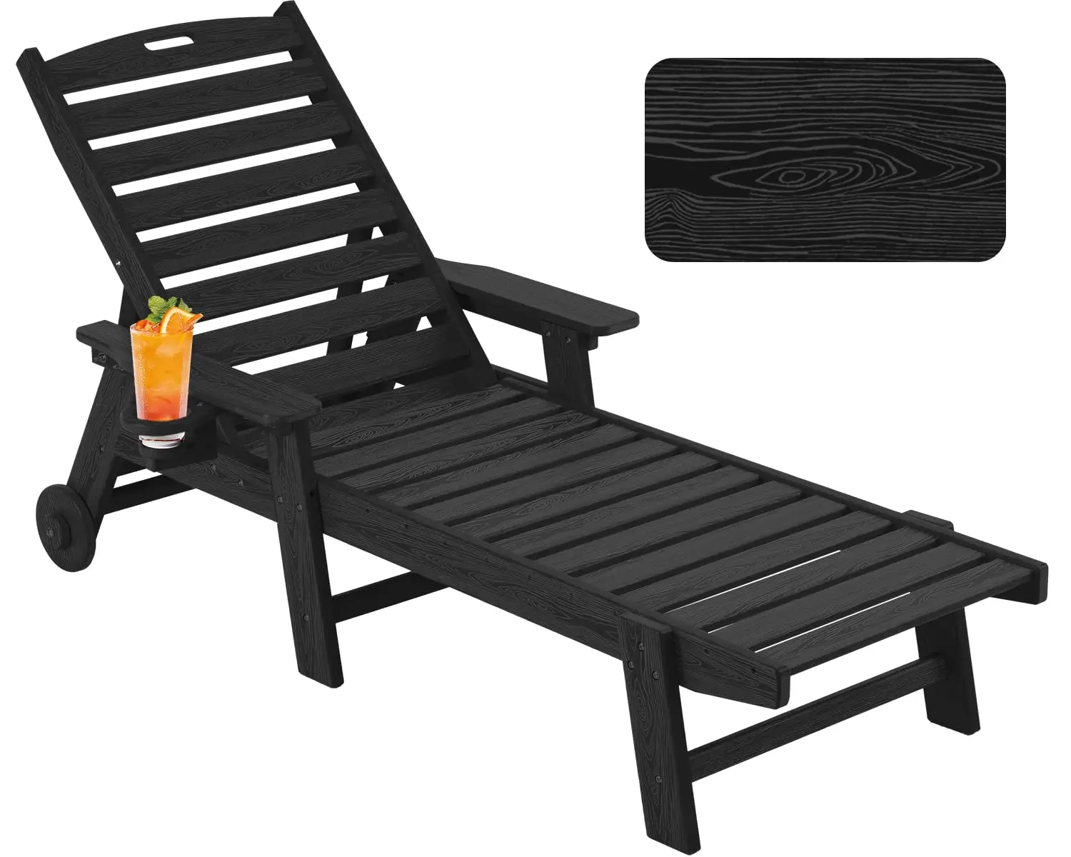 Oversize HDPE Patio Chaise Lounge with Wheels, 6-Position Wood Texture Plastic Recliner for Poolside Deck Beach, Customized