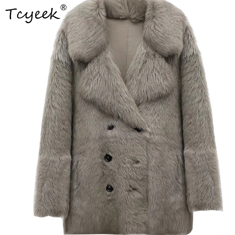 

Tcyeek Genuine Wool Autumn Winter High End Trend Solid Color Mid Length Slimming Women's Wool Shearling Fur Coat Fourrures Femme