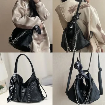 Y2K 해골 숄더백, 배낭 보스턴 레트로 백, 하이 퀄리티 대용량 패션 PU 가죽 핸드백, 여성 및 소녀