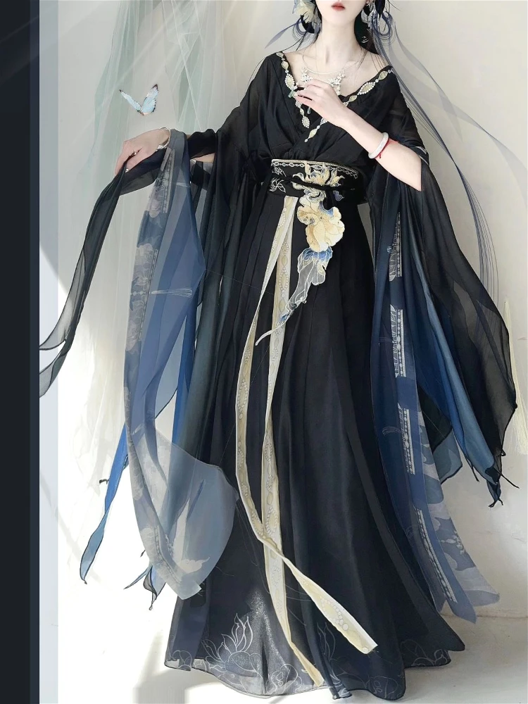 Chin 북부 및 남부 왕조 왕조 자수 Hanfu 드레스 레이디 스타일 세련된 빈티지 무대 의상 댄스 블랙 세트