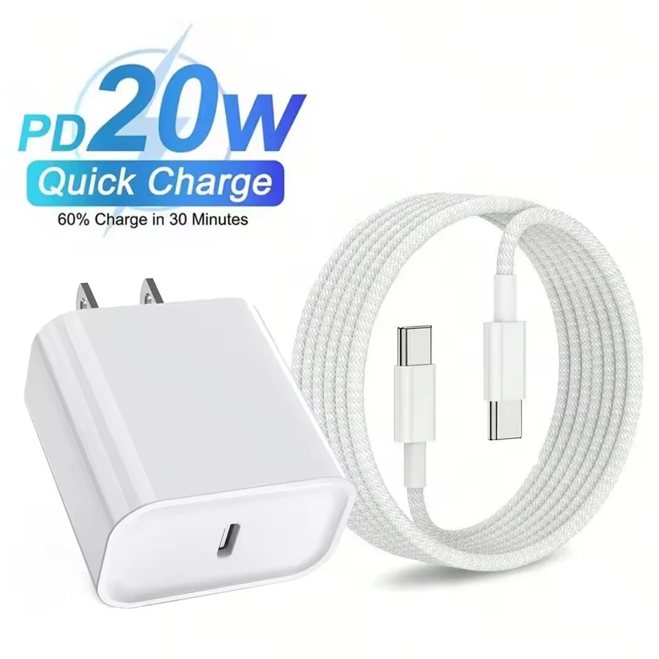 مجموعة شاحن سريع PD 20 وات محول حائط USB-C مع كابل مضفر من النوع C بطول 3.3 قدم لهاتف iPhone 17 16 15 Pro Max Plus iPad وسامسونج وشاومي