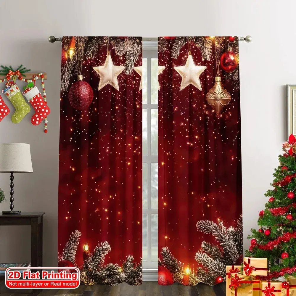 2PCS Digital Print Curtains, Dark Red Christmas Hanging Golden Stars Balls Pine, Sparkling Holiday for Living Room Bedroom