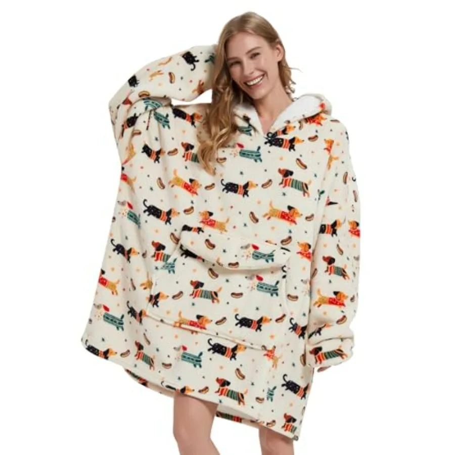 

Wearable Blanket Hoodie for Adult, Oversized Sherpa Fleece Blanket Hoodie for Women Men, Dachshund