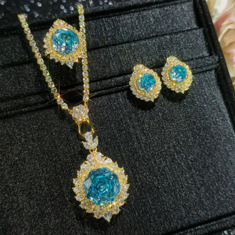 

High-end New Octagonal Rose Cut Plated Aquamarine Zircon Large Carat Gold Luxury Full Diamond Jewelry Three-piece Set
