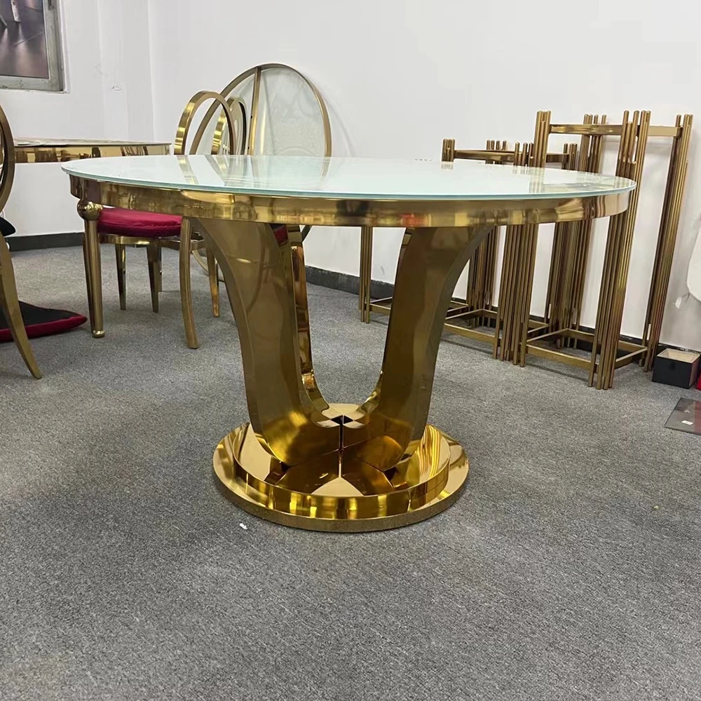 

Hotel Event furniture mirror glass gold stainless steel wedding round table for wedding