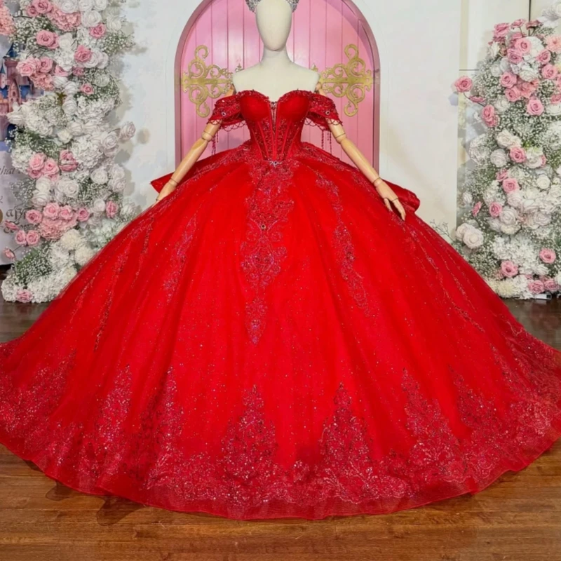 

Red Shiny Quinceanera Dresses Ball Gown Off The Shoulder Applique Lace Beading Crystal Bow Tull Corset Party Birthday Sweet 16
