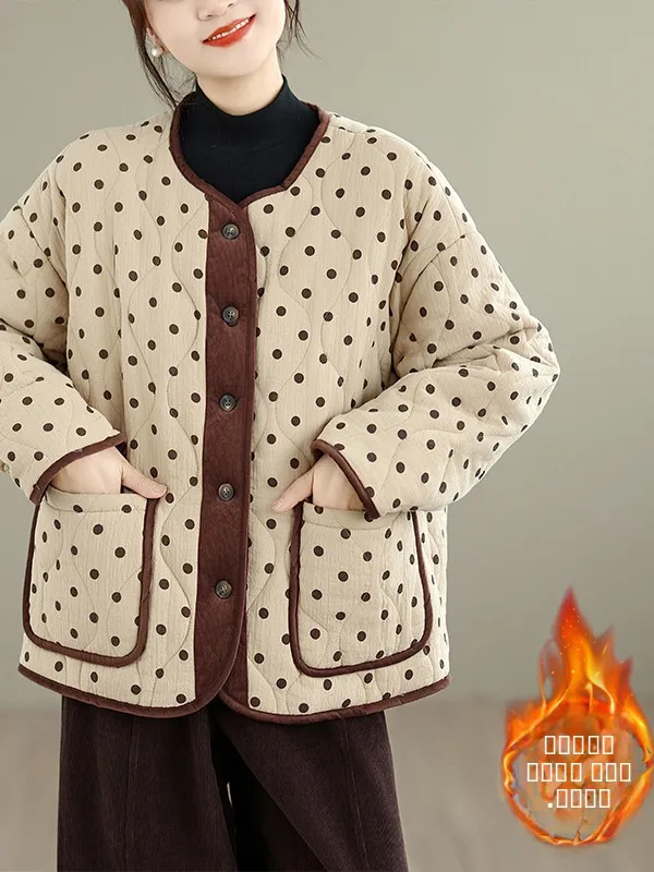 

Retro Sle Women's Winter Cotton Jaet round Ne Polka Dot Versatile Coat Korean Sle Commute Straight Tube Long Sve