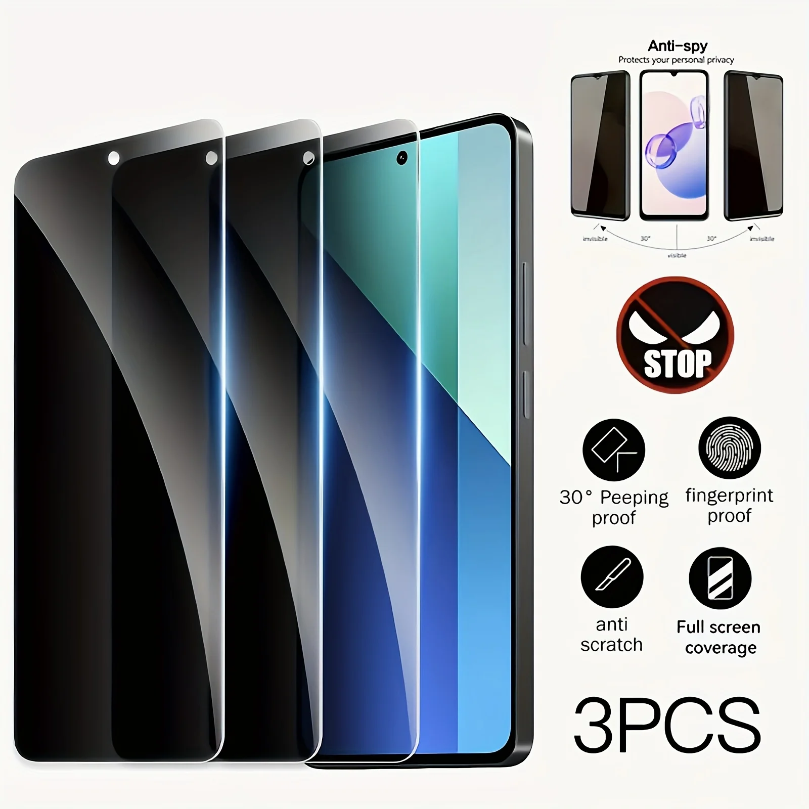 3 Pcs Privacy Tempered Glass Screen Protector Compatible With Xiaomi Redmi 9H Hardness, Anti-scratch/Anti-fingerprint