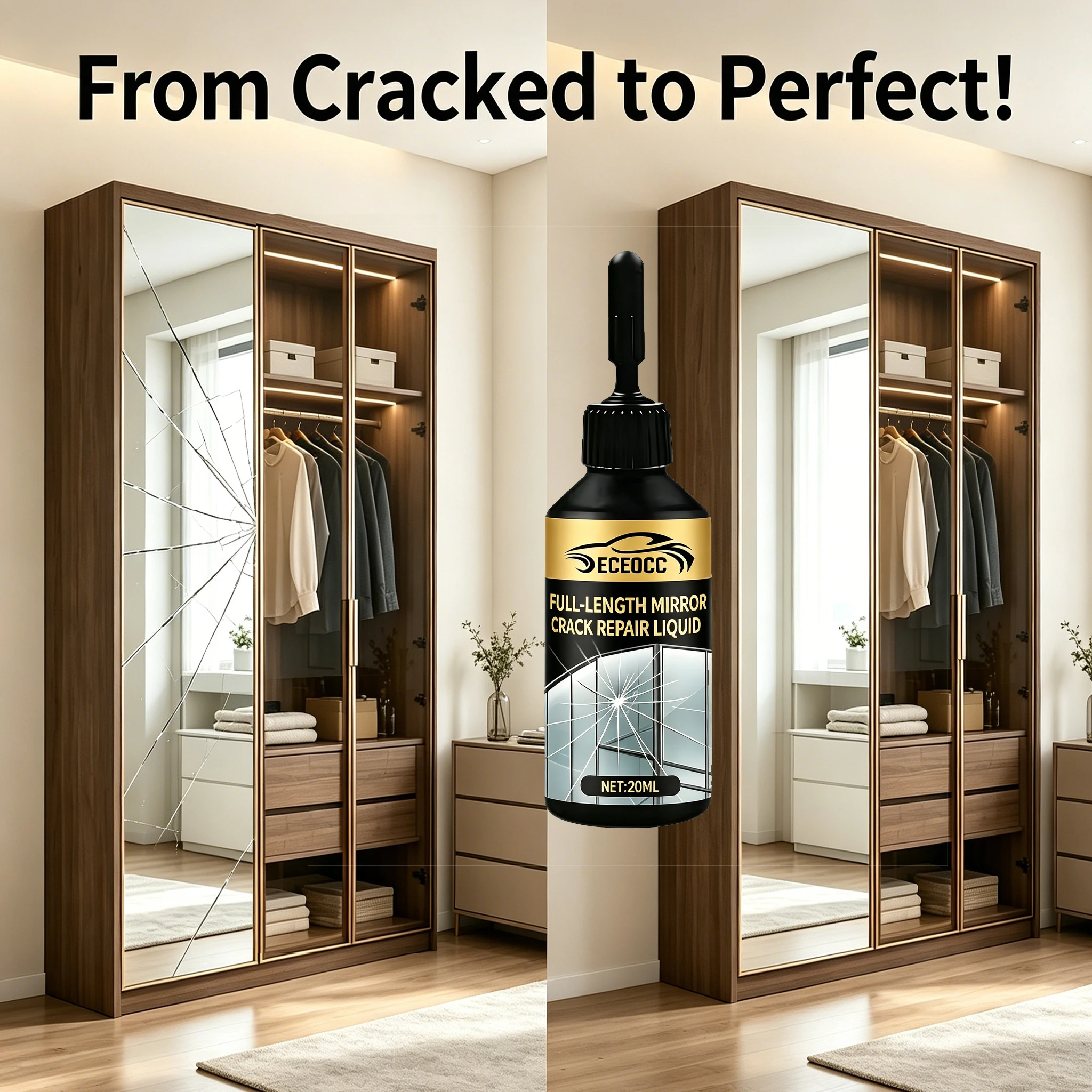 15-Min Full-Length Mirror Crack Repair Kit | Portable Adhesive, Clear View, Fix Deep Cracks Without Removal