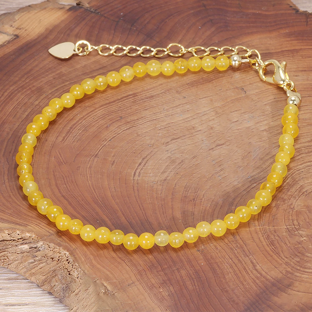 Natural Yellow Jade Thin Beaded Bracelet for Women Luck Bracelet Simple Design 925 Silver Chain Adjustable Handmade Jewelry