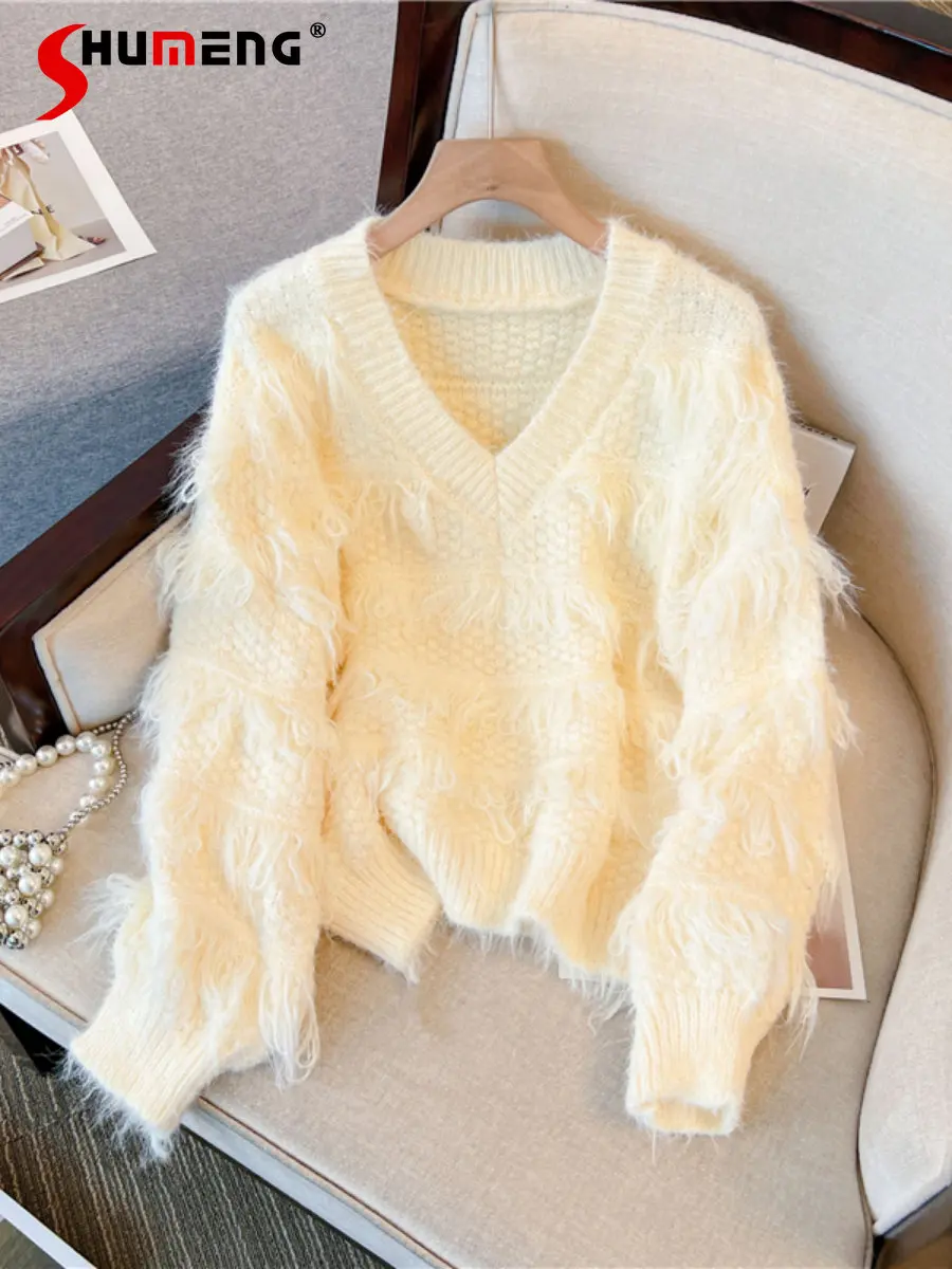 

Autumn And Winter New V-neck Pullover Tassel Temperamental All-Match Sweater Knitwear Women's Idle Style Loose Top Fashion
