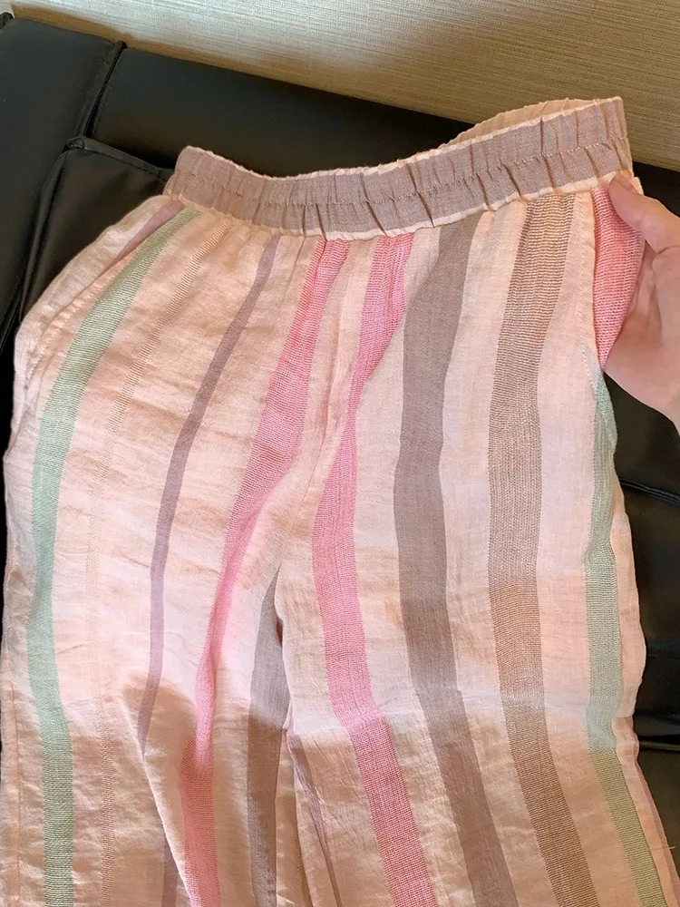 Été Faion ample jambe large coton lin pantalons décontractés femmes mince coupe droite pantalon rayures effet minceur