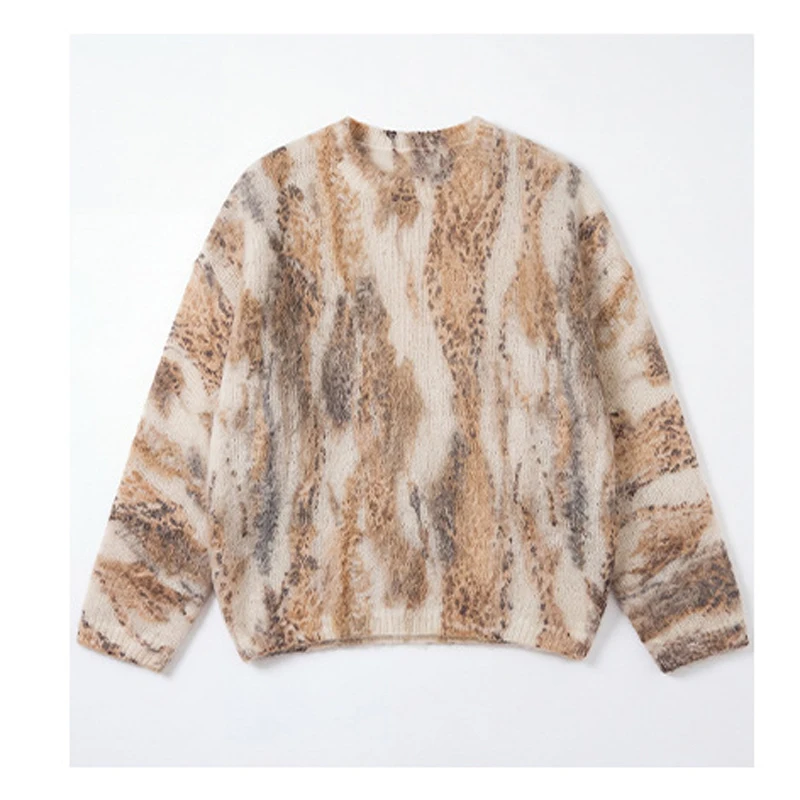 Winsleter-59%Mohair Elegant Sweater, O Neck Leopard Print, Women Retro Commute Thin Loose Knit Sweater, 2026 Autumn New T69842CC