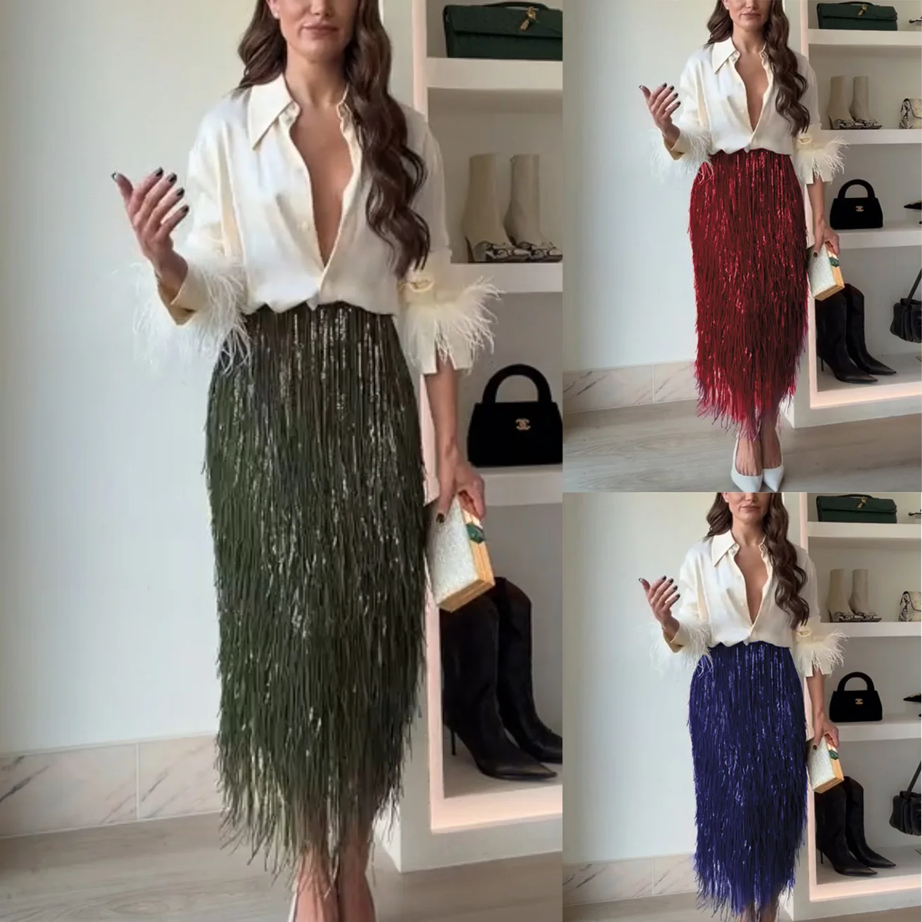 2026 Autumn Winter New Party Sequin Fringe Skirt Set Long Sleeve Two Piece Suit Women Multi Color Option