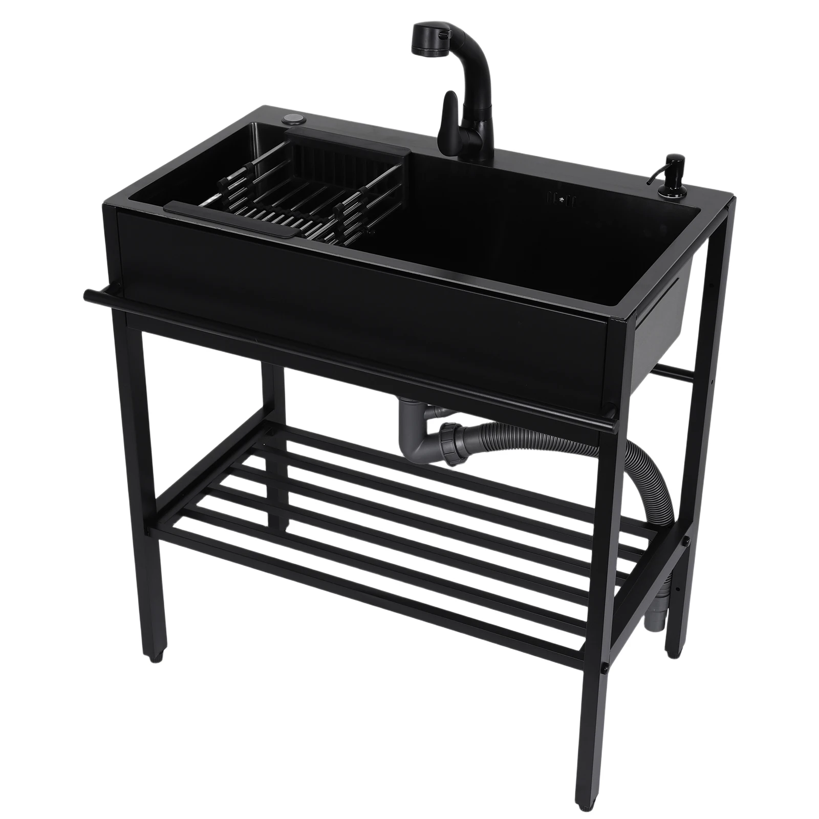 

Stainless Steel Sink with Cold & Hot Water Faucet Hoses and Drain Kit Freestanding Sink for Kitchens Laundry Room Garage