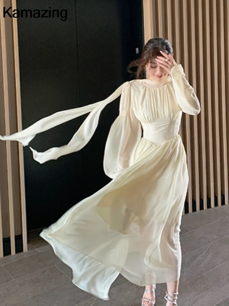 Women Elegant Chic Ruffle Dress French Fashion Graduation Evening Party Robe Female Korean Casusl Chiffon Beach Vestidos